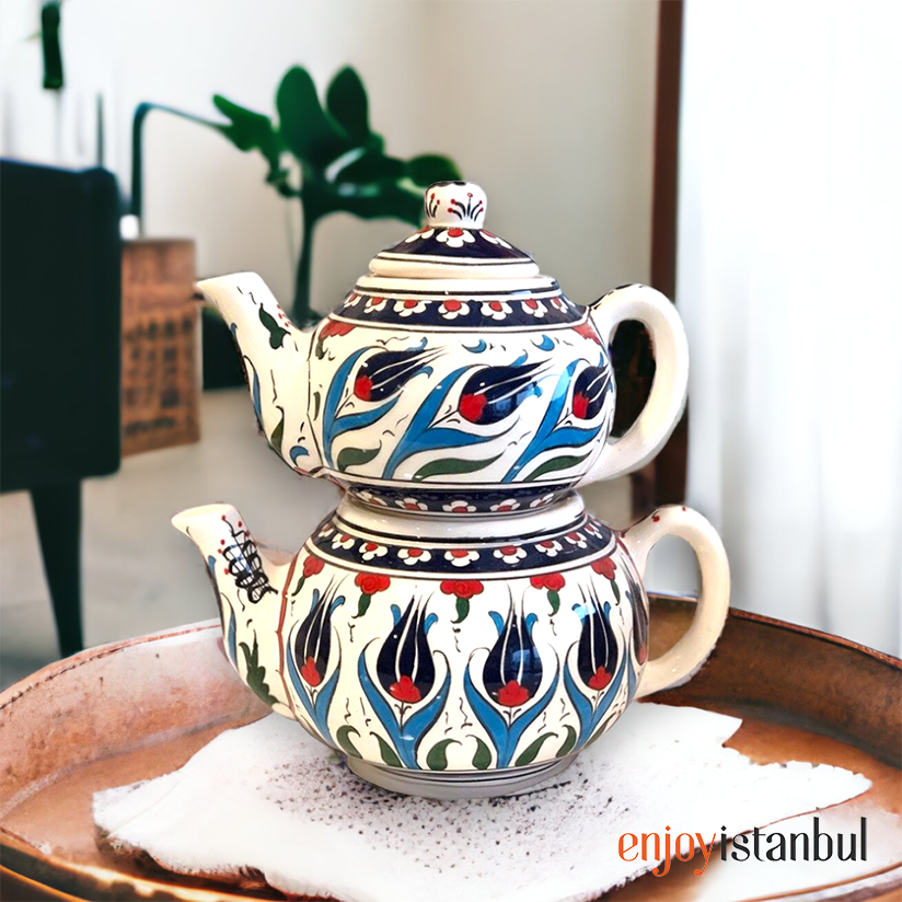 Red and Blue Tulip Pattern Ceramic Teapot Set