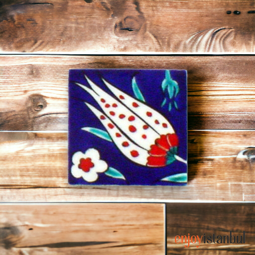 Handcrafted Ceramic Tile with Blue Tulip Design Art and Elegance