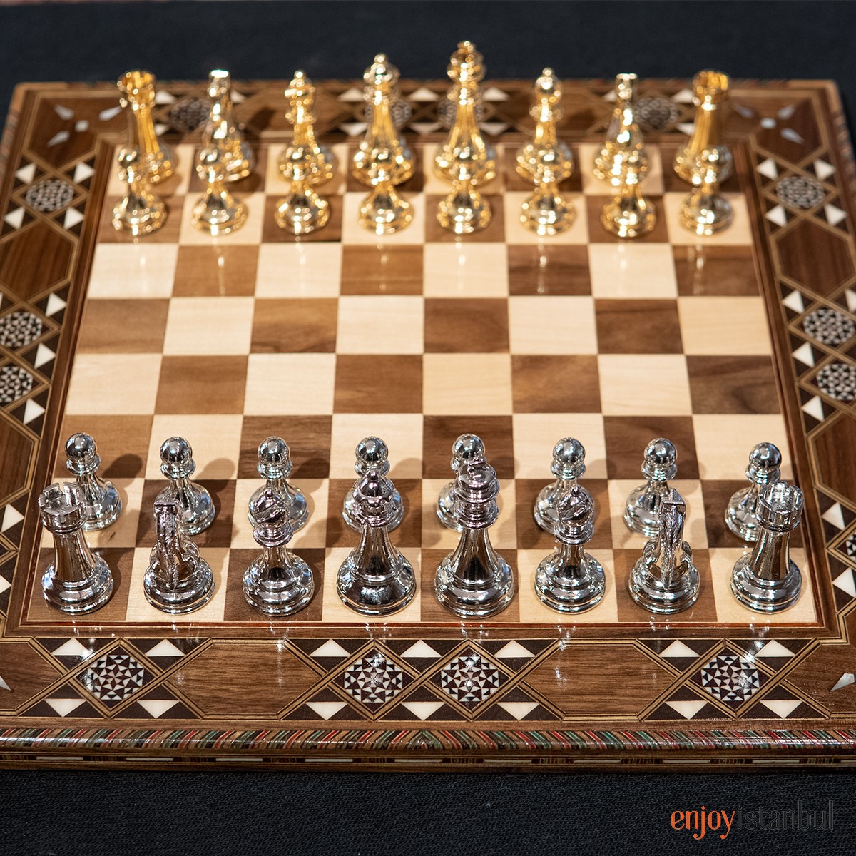 British Metal Chess Pieces With Ceramic Chess Board On Handmade Wood, Chess  Set