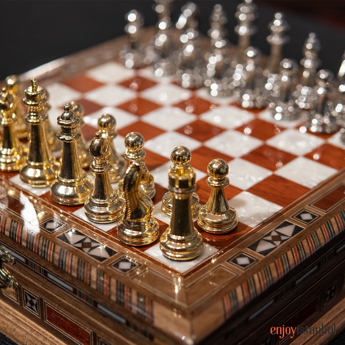 Luxury handmade chess set-Brass chessmen walnut mosaic chess board - GIFT  iTEM