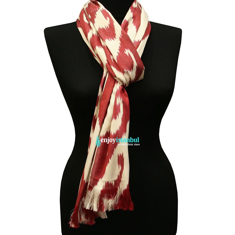 scarf. Traditional Ikat Fabric Handmade Organic silk and  cotton shawl table runner 170x47 cm